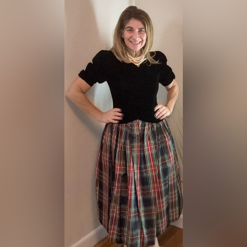 Joan Leslie Vintage 80S Paper Tag Velvet Top Tartan Plaid Skirt Dress 4P￼￼￼￼